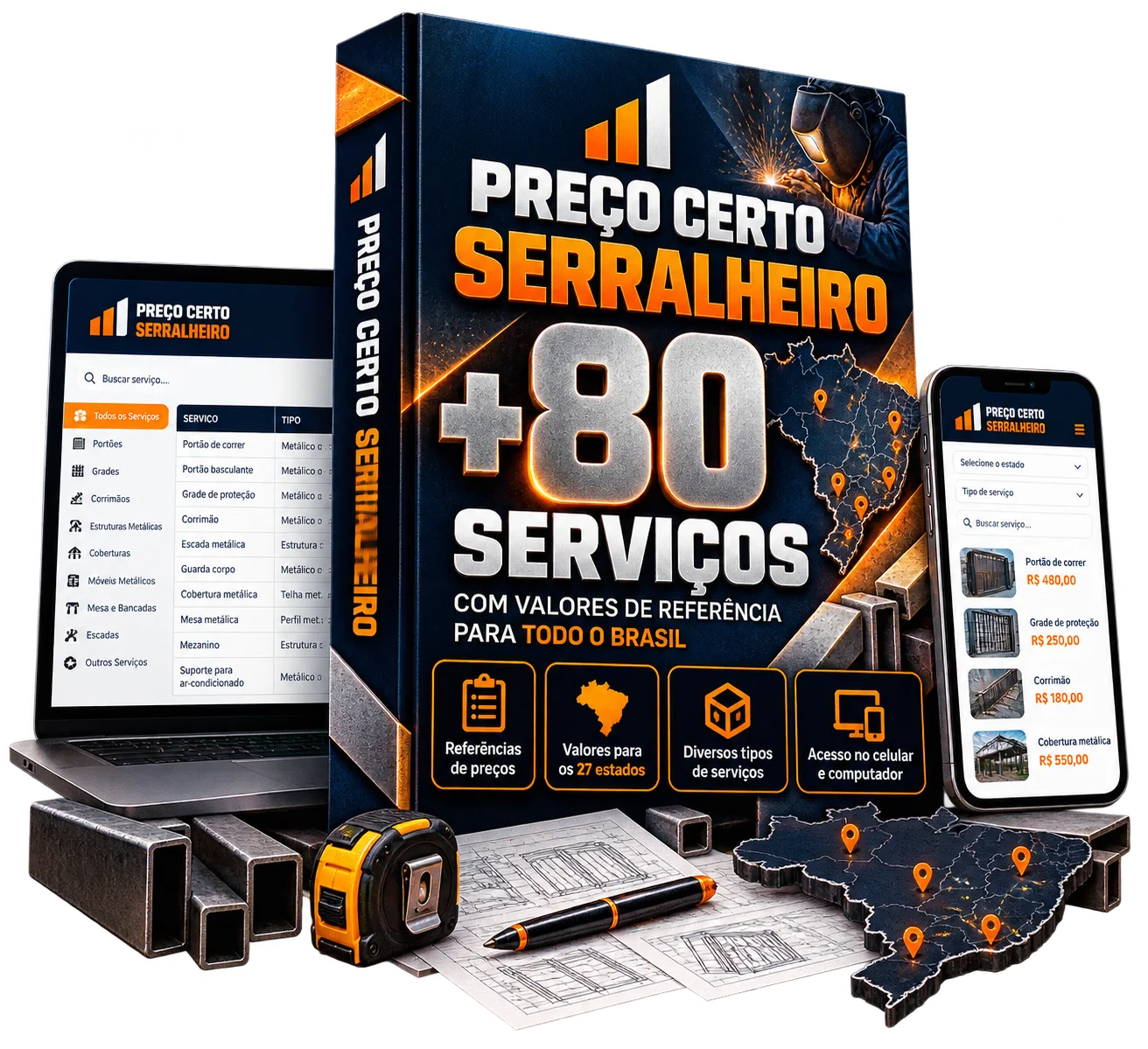 Tabela Preço Certo Serralheiro aberta no notebook e no celular, com valores de mais de 80 serviços de serralheria por estado